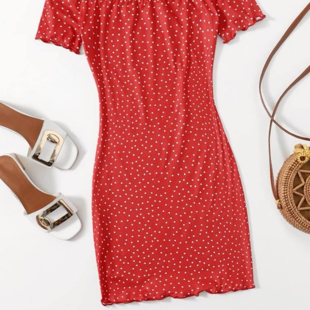 Red hearts all over print off shoulder dress